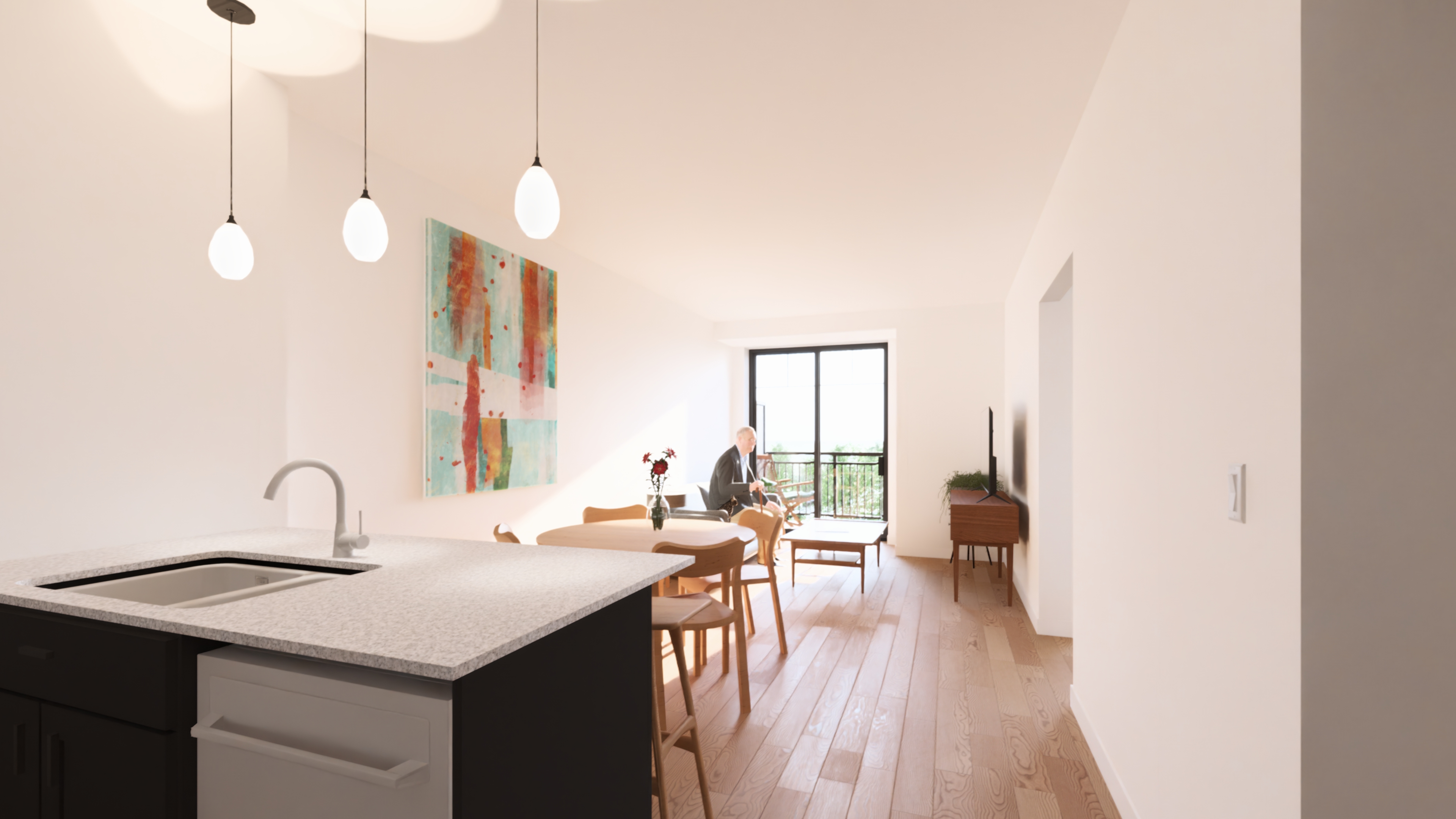 Modern kitchen with pendant lights